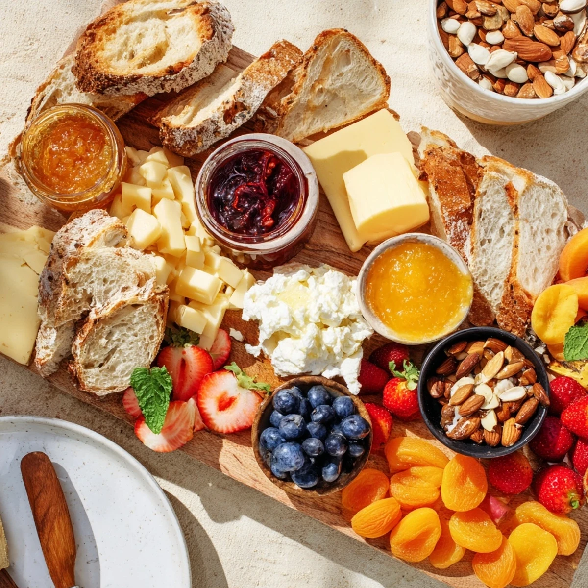 Delightful jam-infused brunch board displaying sweet spreads, fresh fruits, and nuts.  