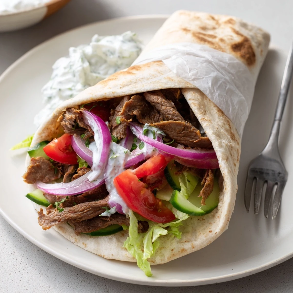 Tender beef shawarma wraps drizzled with creamy yogurt sauce and fresh vegetables.  