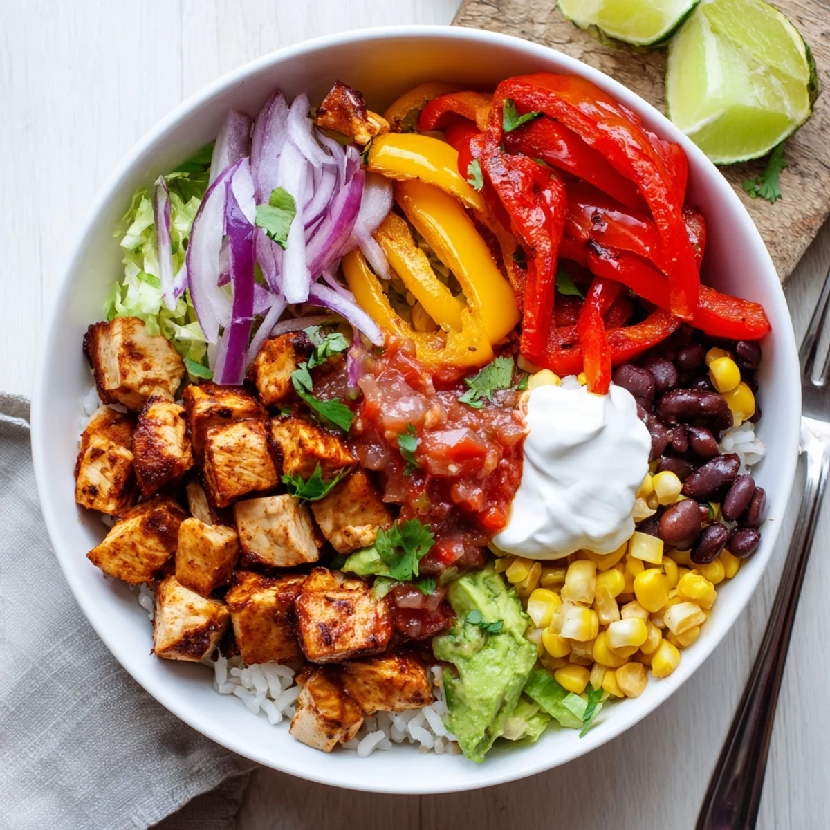 Juicy Sheet Pan Chicken Burrito Bowls piled high with fresh vegetables and toppings.  