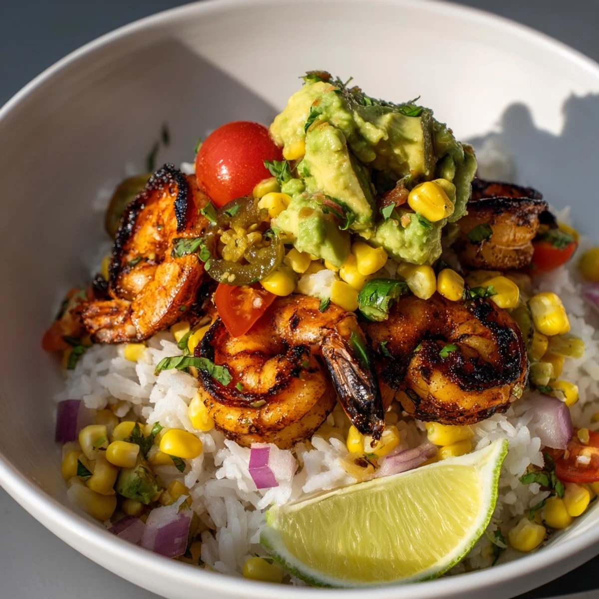 Juicy blackened shrimp bowl topped with creamy avocado corn salsa and rice.  
