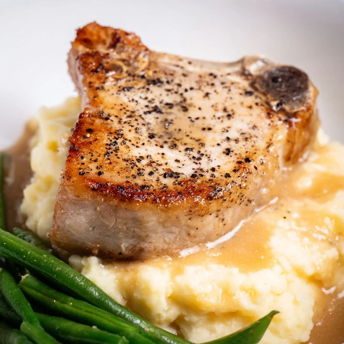 Delicious pork chops paired with cheddar mashed potatoes and rich pan gravy.