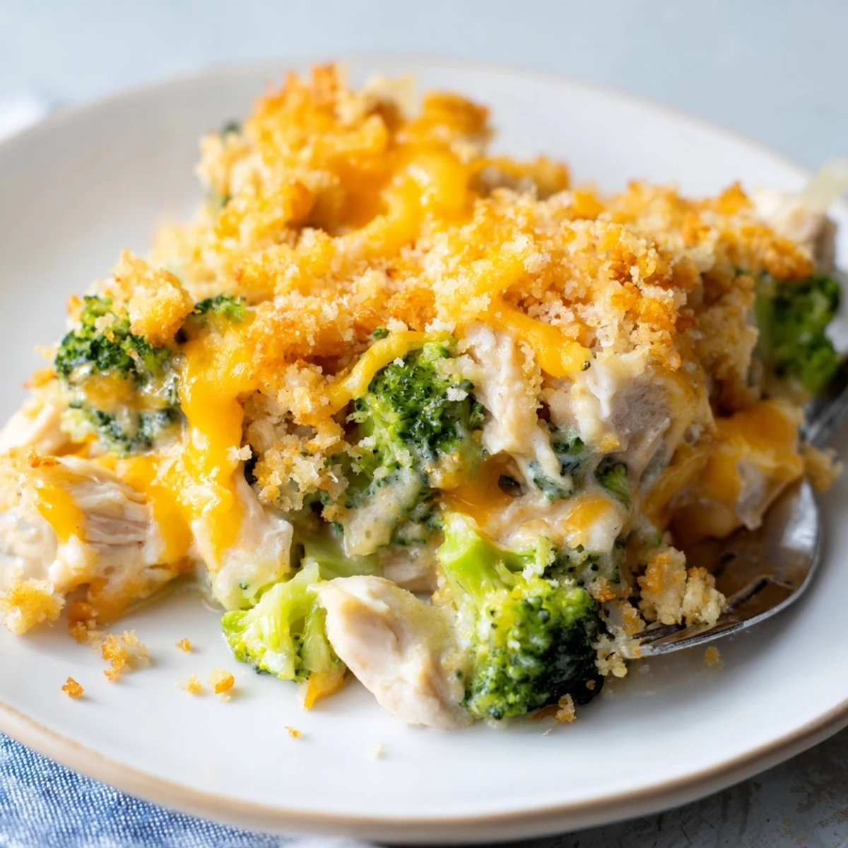 Creamy Chicken & Broccoli Cheddar Bake topped with golden panko breadcrumbs, perfect for dinner.  