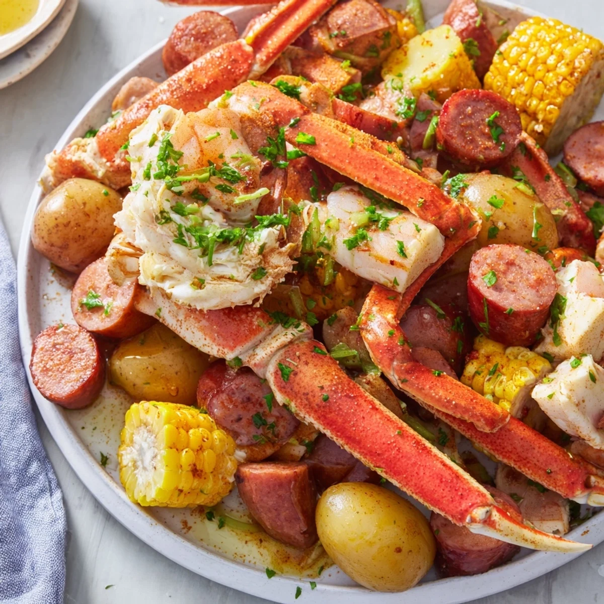 A mouthwatering seafood boil with crab, shrimp, and sausage, colorful vegetables included.  
