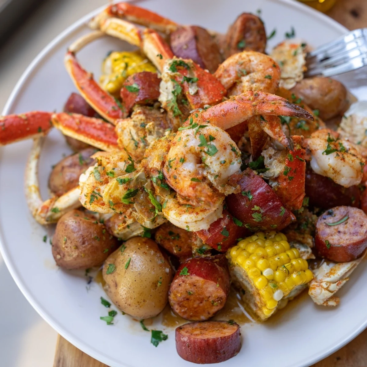 Flavorful Southern-style seafood boil brimming with crab, shrimp, sausage, and vibrant potatoes.