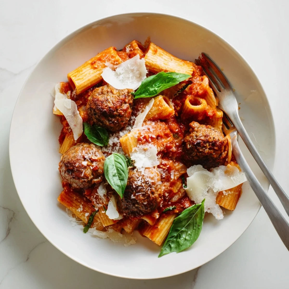 Hearty Italian Meatball Pasta Skillet topped with melted cheese for a comforting meal.  