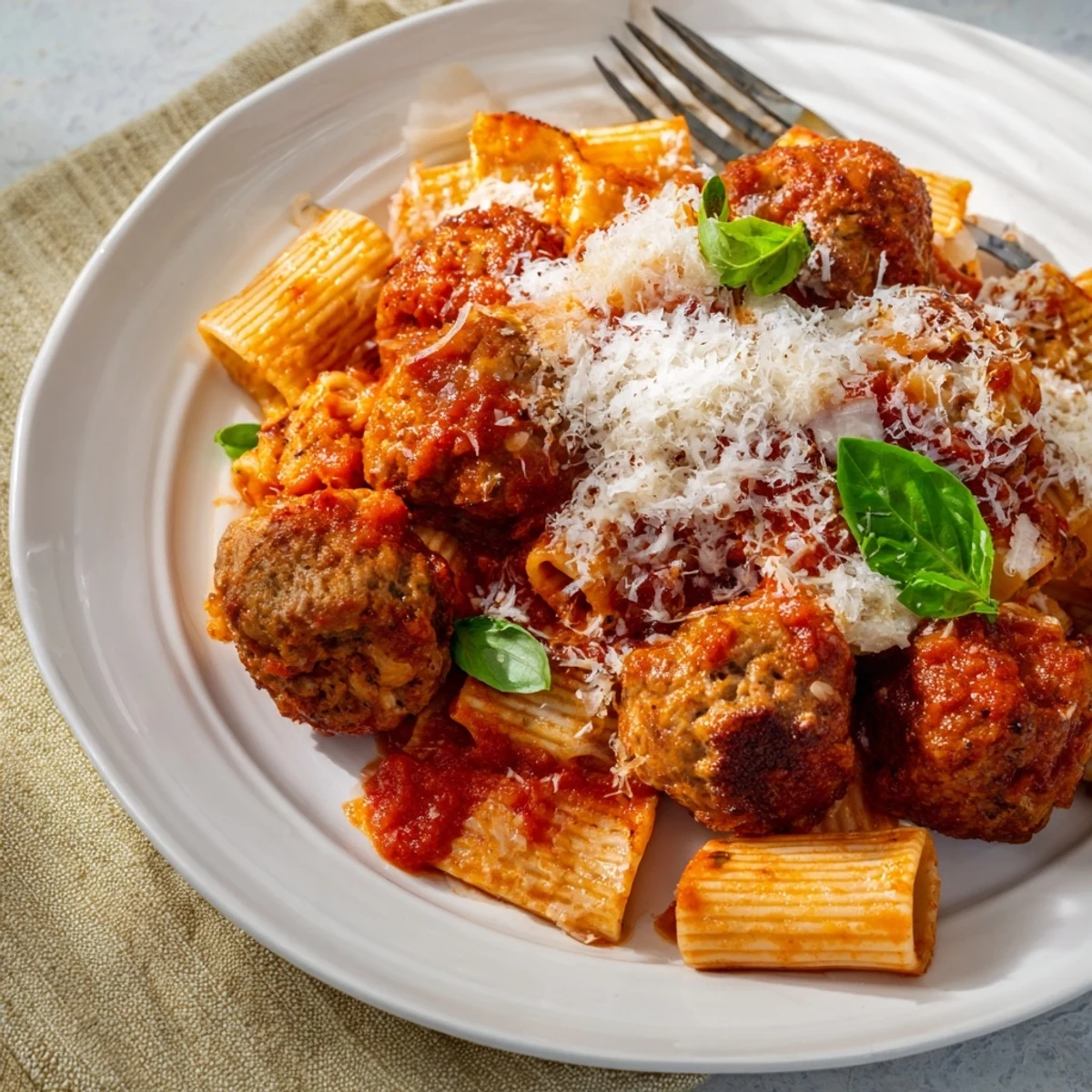 Delicious Italian Meatball Pasta Skillet simmered in rich tomato sauce and herbs.  