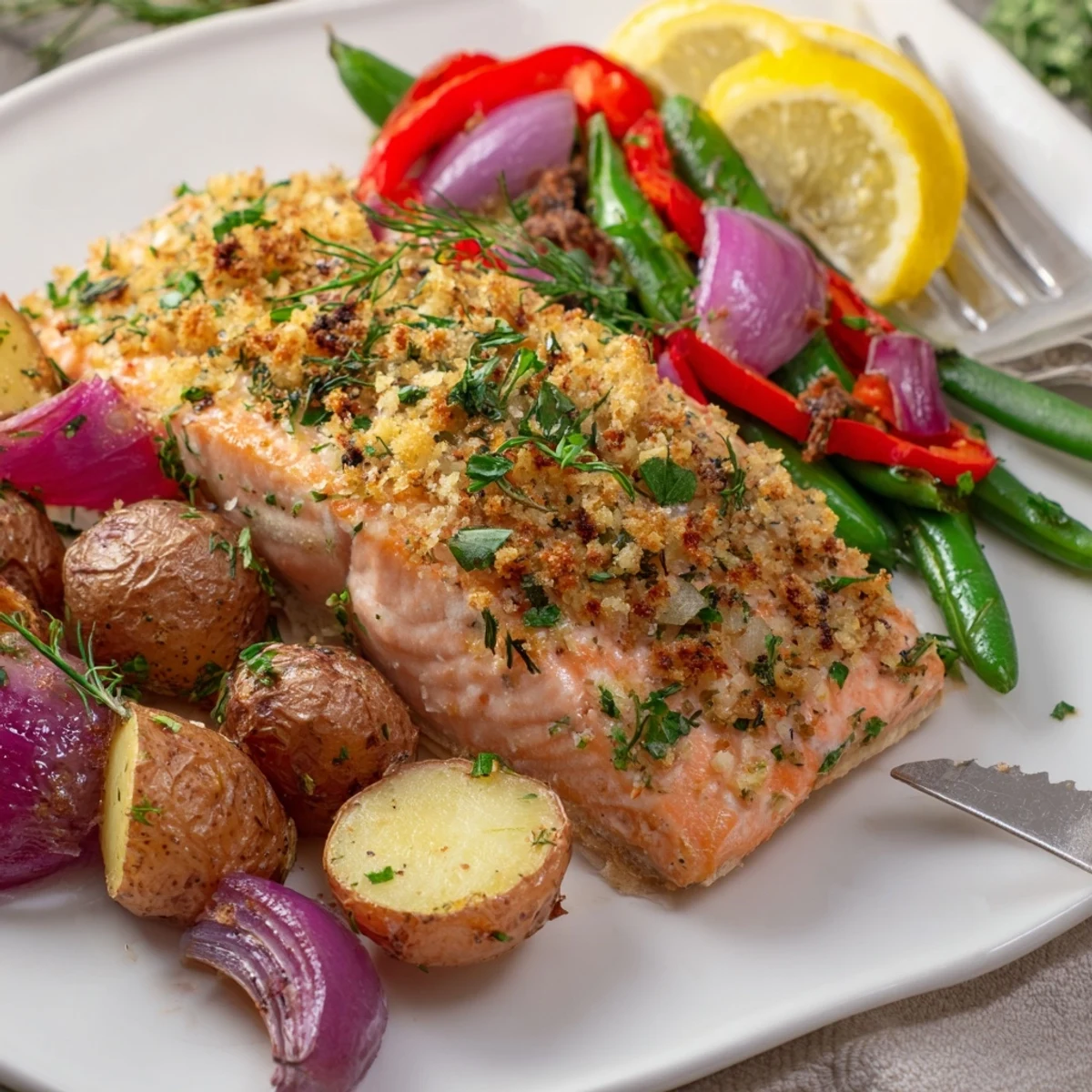 Delicious Lemon Herb Salmon & Potato Sheet Pan, roasted and bursting with fresh flavors.  