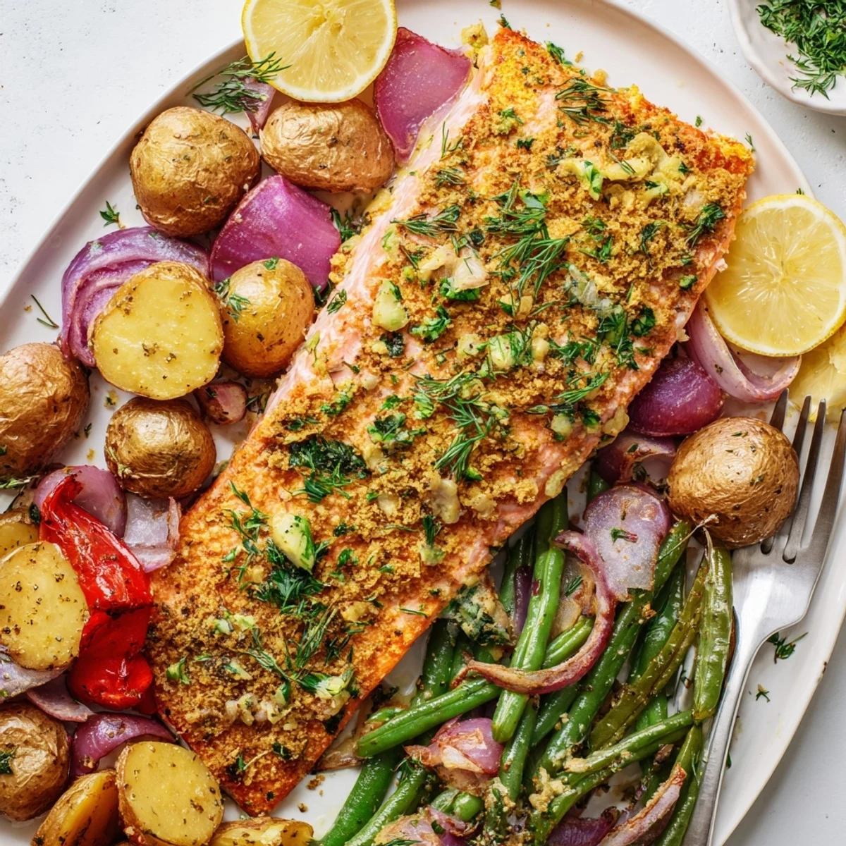 Zesty Lemon Herb Salmon & Potato Sheet Pan, perfect for a quick weeknight dinner.