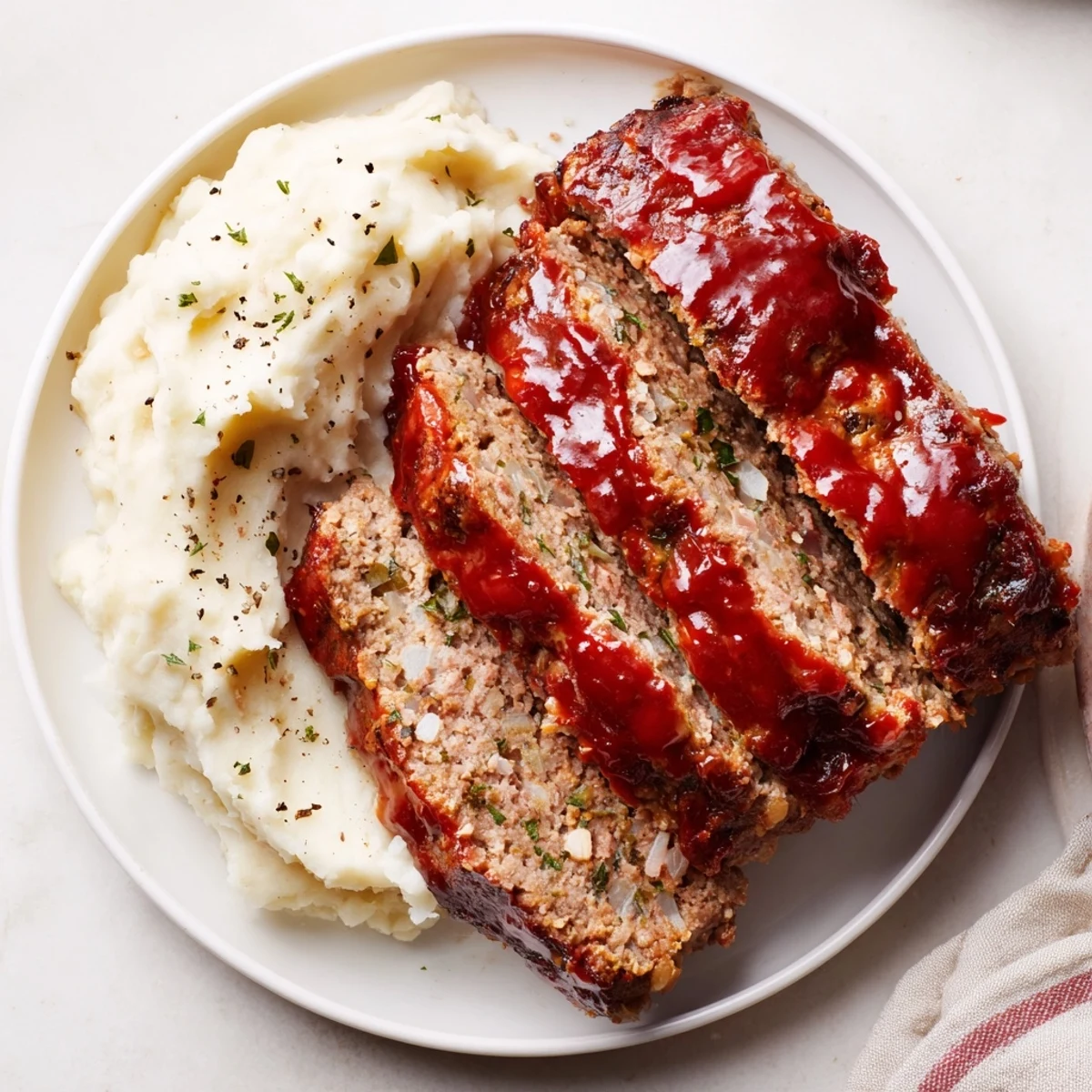 Slices of Classic Meatloaf & Mashed Potatoes, steaming with rich gravy, ready to eat.