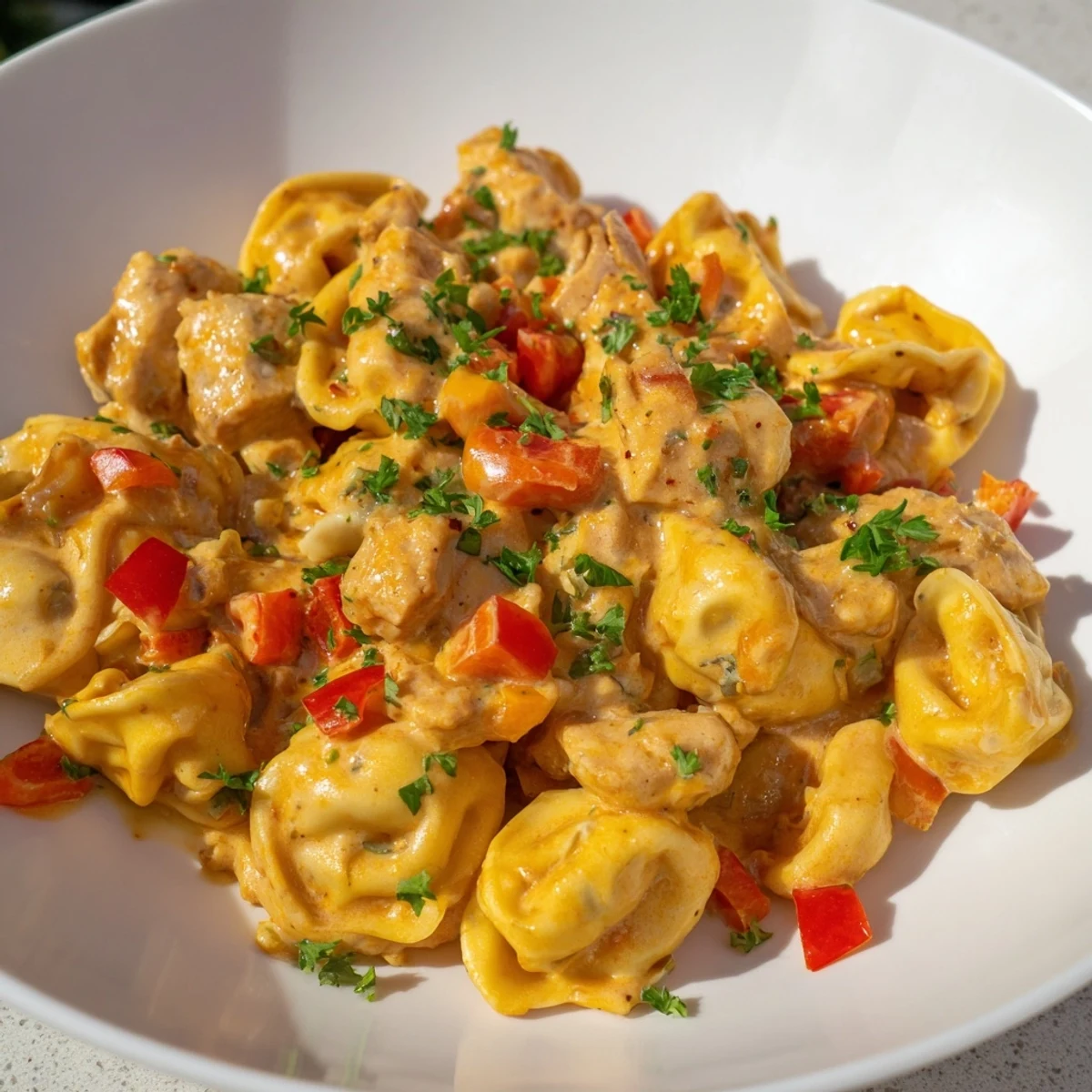 Zesty Cajun Garlic Parmesan Chicken Tortellini: creamy pasta dish with tender chicken, red bell pepper and herbs.