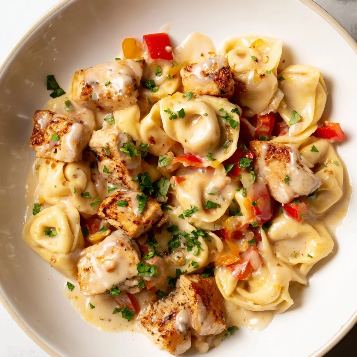 A steaming bowl of Zesty Cajun Garlic Parmesan Chicken Tortellini, perfectly coated in a rich, flavorful sauce.