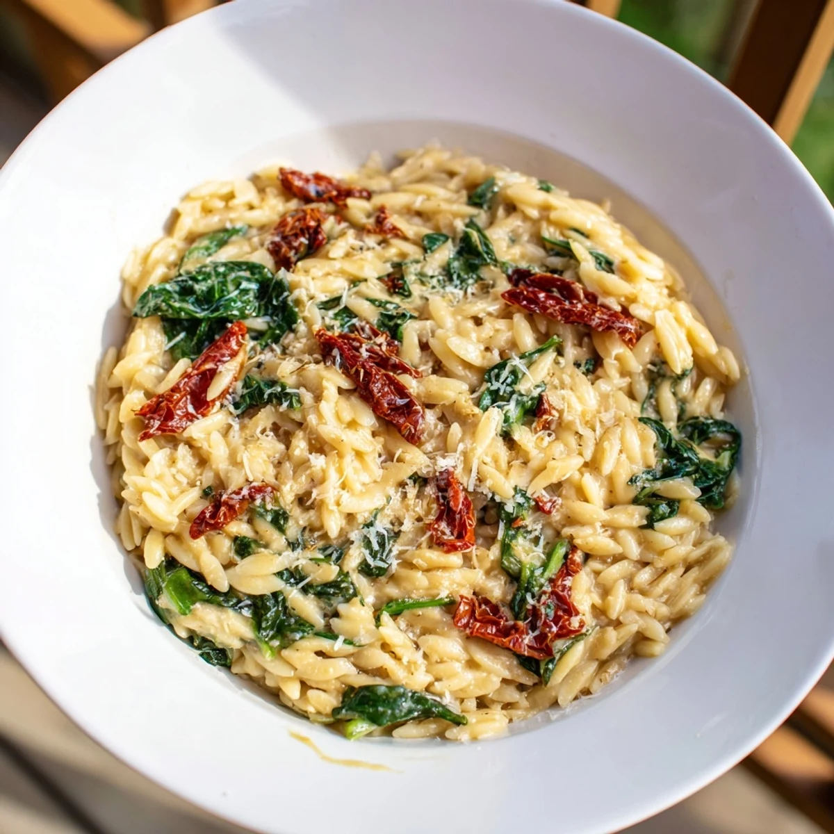 A visually appealing, steaming Creamy Tuscan Orzo Bowl, garnished with fresh Parmesan and herbs.