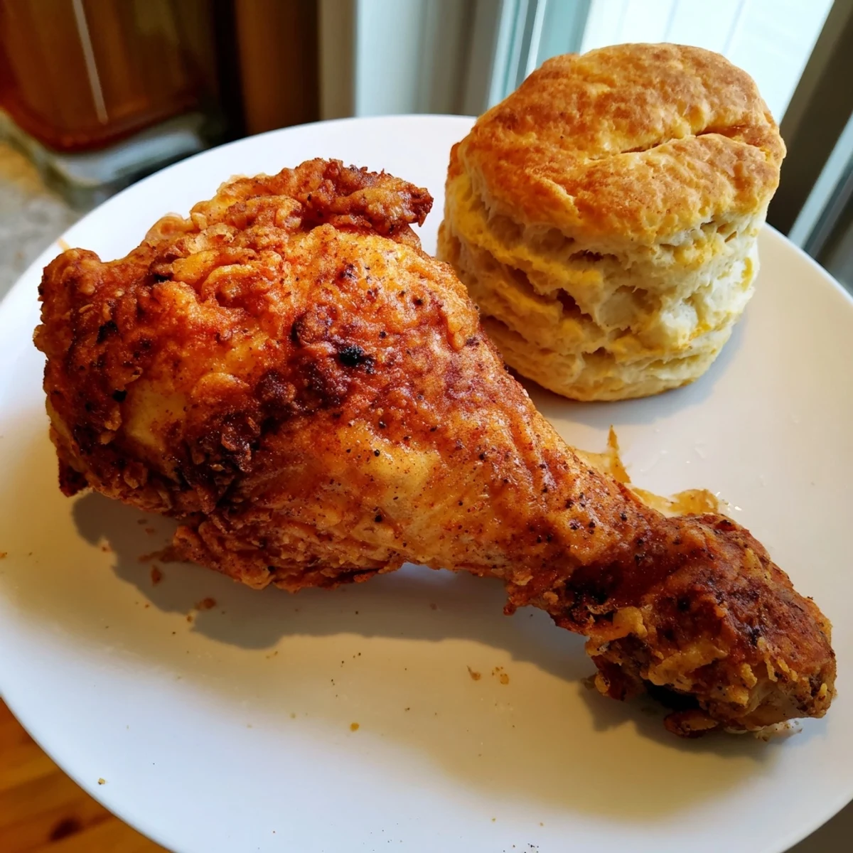 Mouthwatering image of Southern fried chicken, served with fresh, warm buttermilk biscuits for supper.