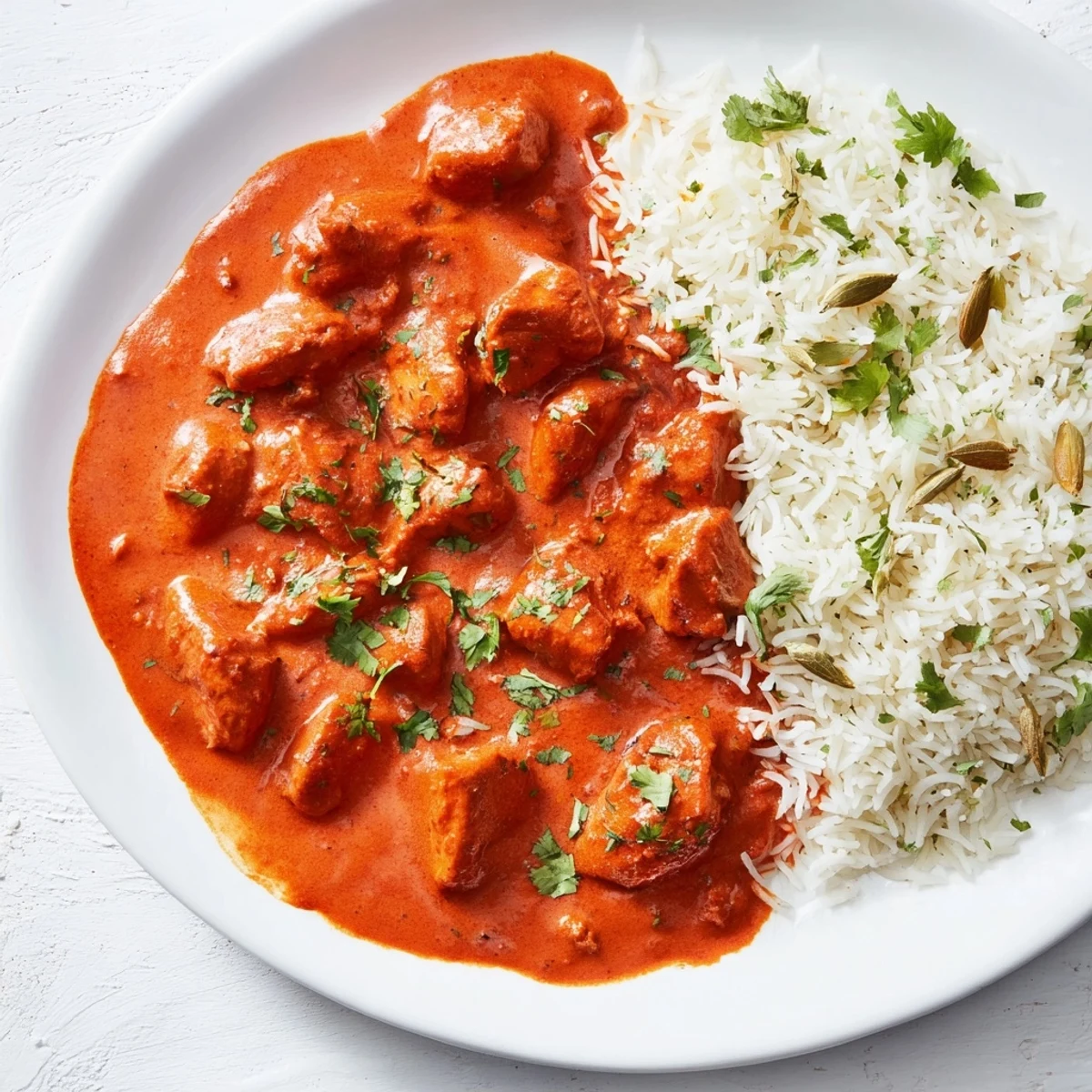 Fragrant Butter Chicken served with vibrant rice pilaf, a comforting and flavorful homemade meal.