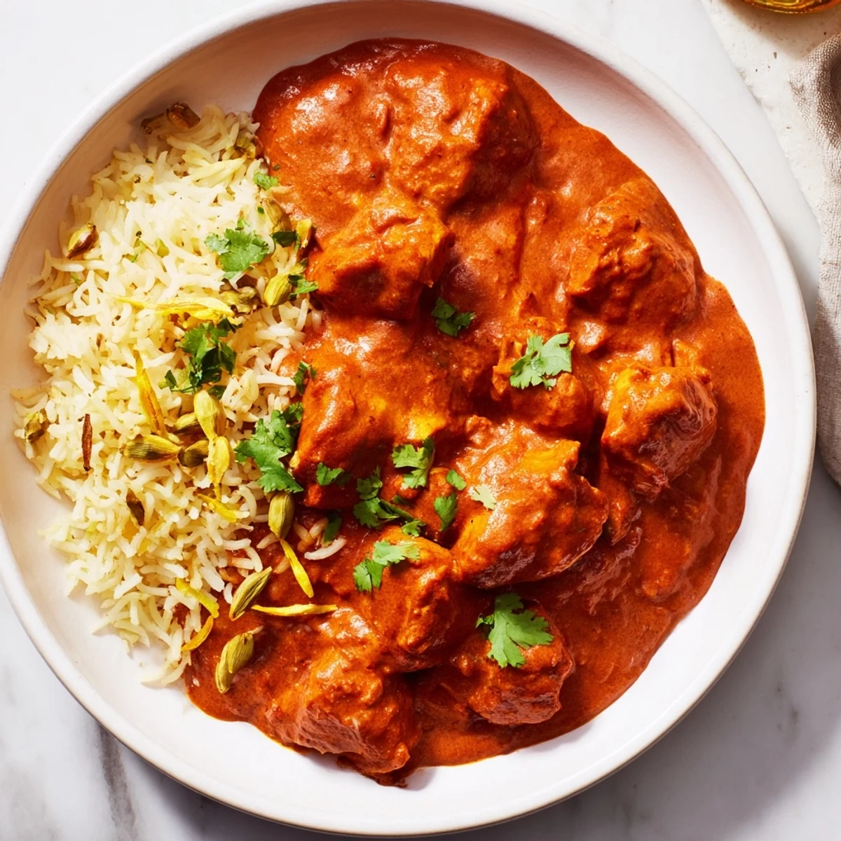 Butter Chicken and Rice Pilaf, a creamy Indian dish with tender chicken and fluffy pilaf rice.