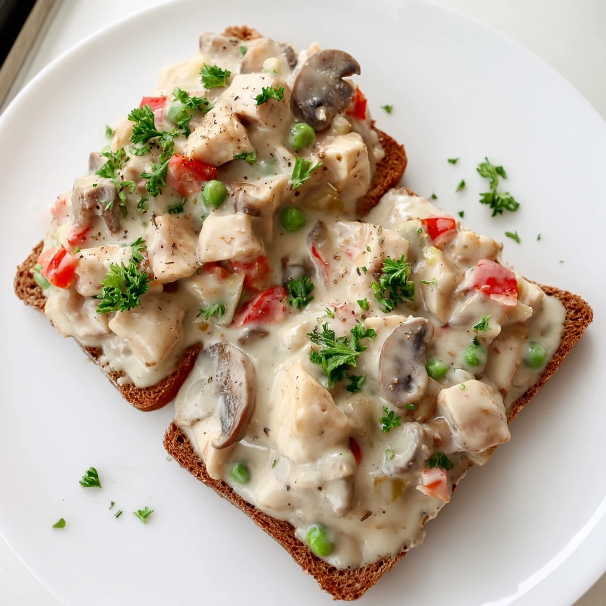 Chicken à la King served steaming hot, with creamy sauce over perfectly buttered toast.