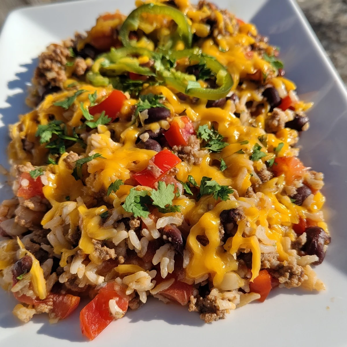 A close-up shot of a savory Tex-Mex Beef & Rice Casserole, filled with colorful vegetables and seasoned beef.