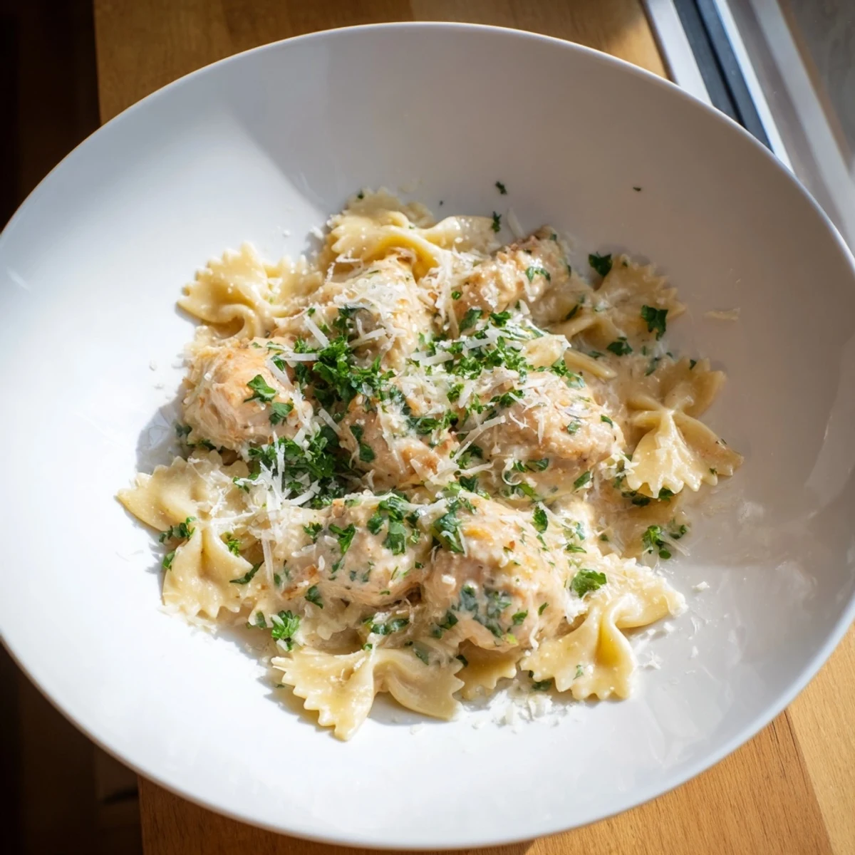 Golden, bubbly Mozzarella Garlic Butter Chicken Bowties, a creamy, Italian-American comfort food classic.