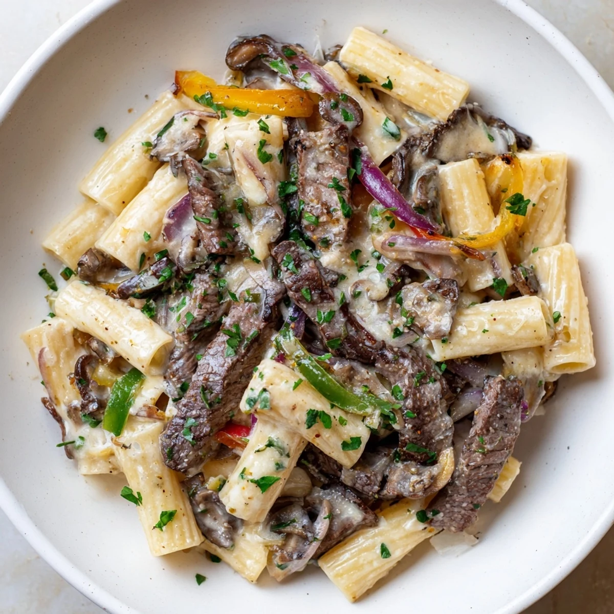 A close-up of creamy Philly Cheese Steak Pasta, showing tender beef and melted cheese.