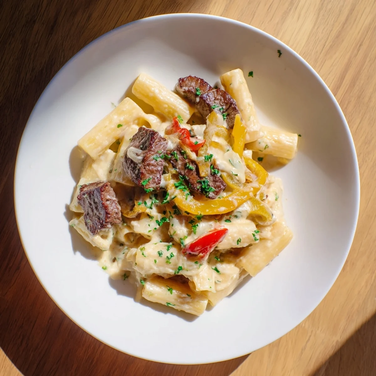 Enjoy a steaming bowl of Philly Cheese Steak Pasta with perfectly cooked pasta and savory flavors.
