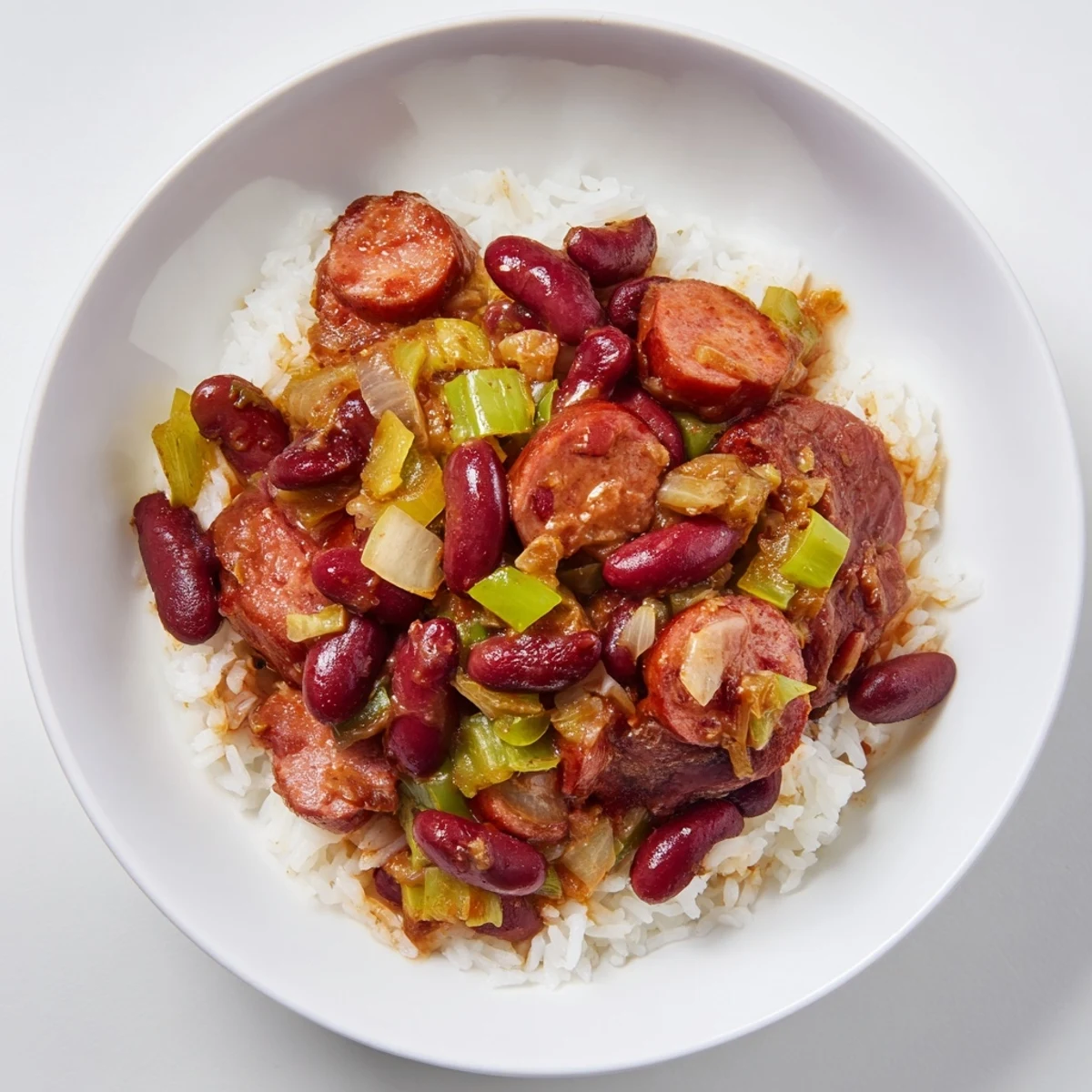 Steaming bowl of Red Beans & Rice, a Southern comfort meal with sausage and flavorful broth.