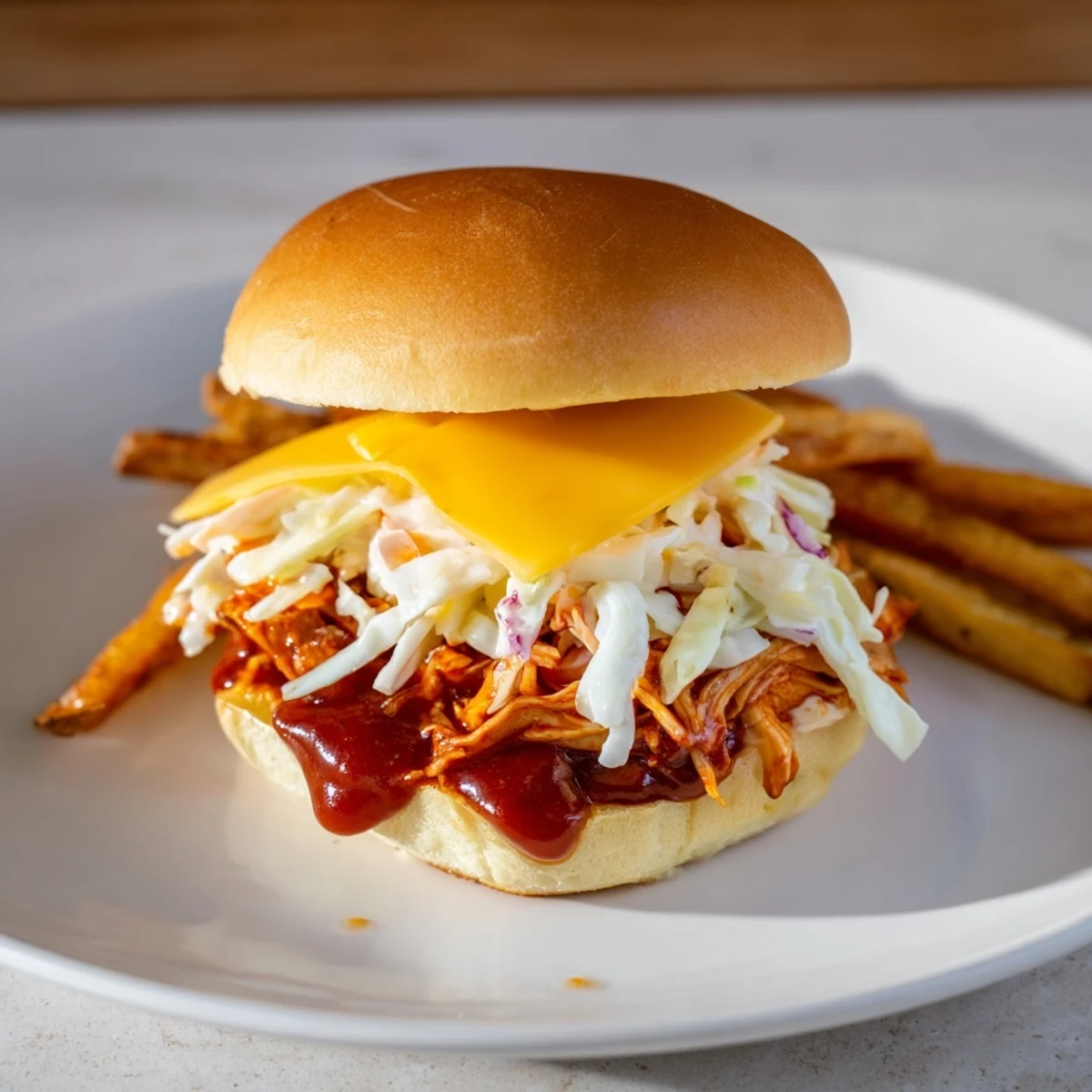 Golden-brown BBQ Chicken Sliders overflowing with tender shredded chicken and melted cheese, plus crispy fries.