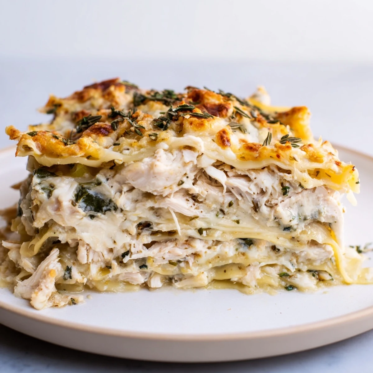 Golden and bubbling Rosemary Chicken Lasagna fresh from the oven, offering warm, inviting textures.