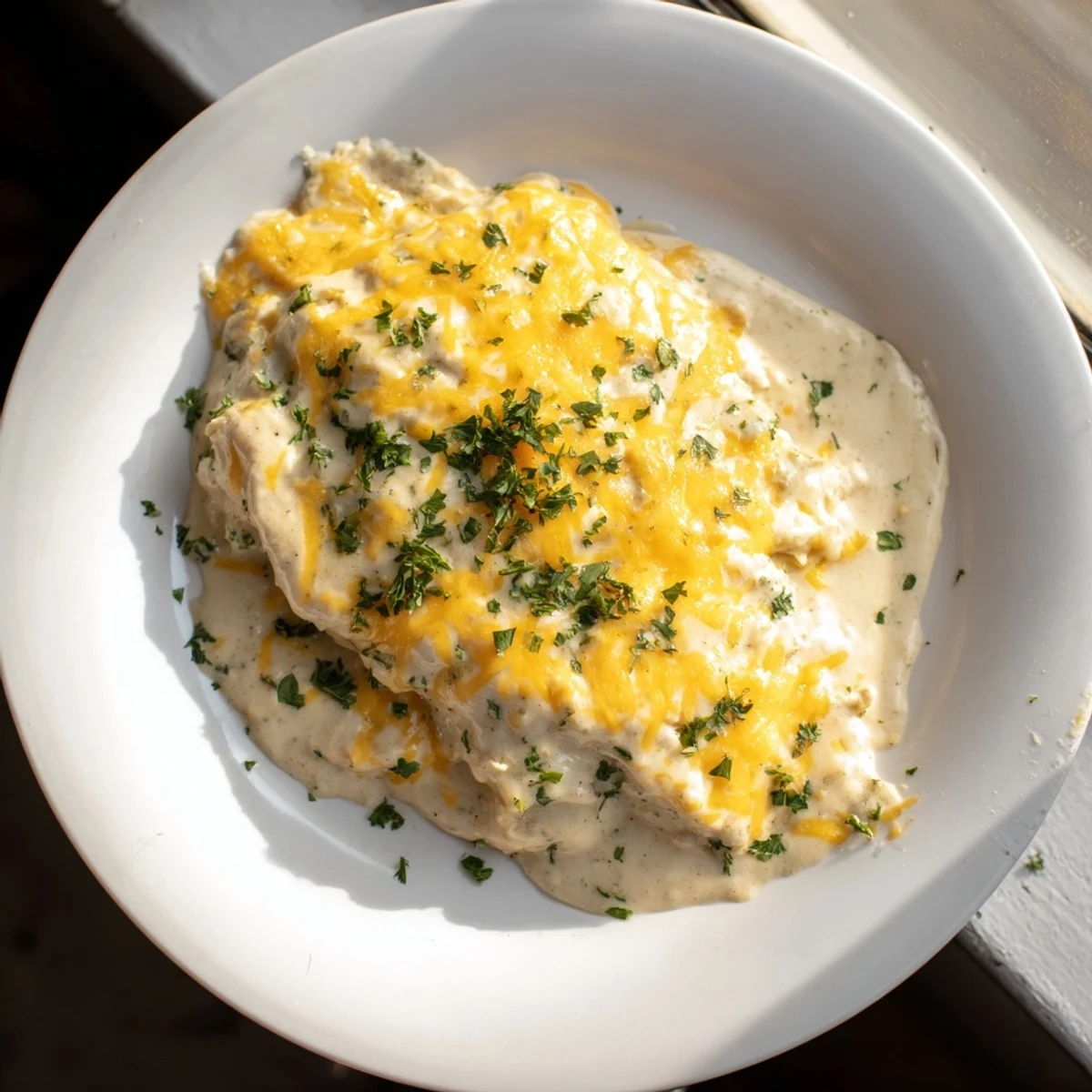 Golden, bubbly Cheddar Ranch Chicken Bake, a delicious casserole with melted cheese and juicy chicken.