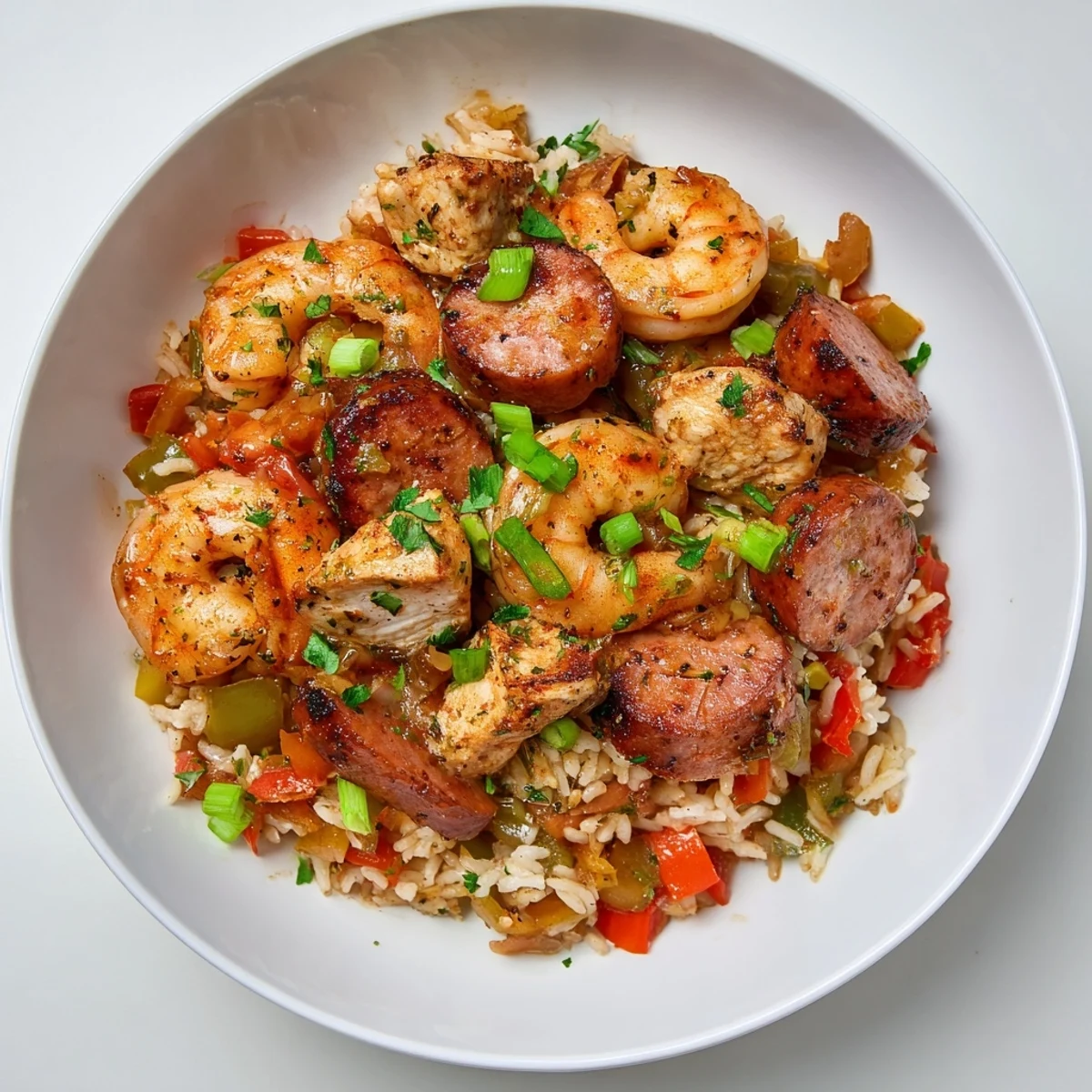 Steaming bowl of Cajun Jambalaya Rice Bowl with tender shrimp and savory sausage, rich flavors.
