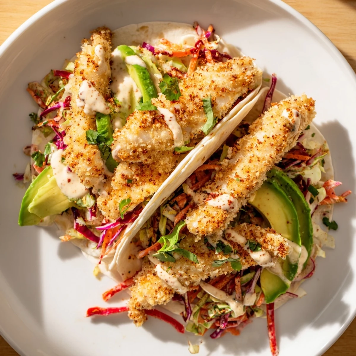 Close-up of freshly made crispy fish tacos with colorful slaw, ready to be devoured.