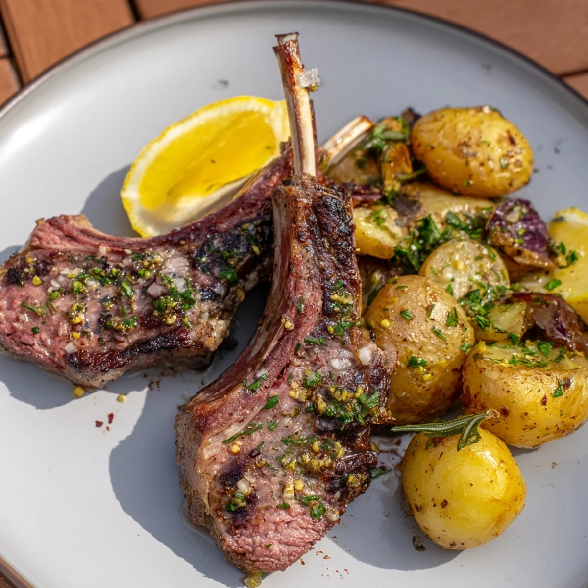 Golden-brown roasted potatoes and herbed lamb chops, a flavorful, satisfying main course meal.