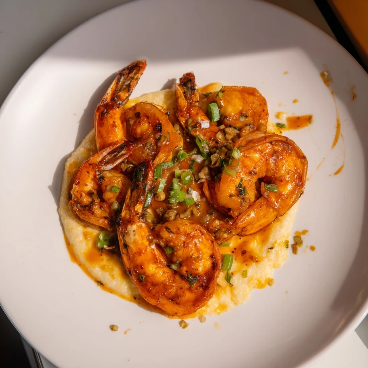 Creamy Shrimp & Grits; the grits are speckled with cheddar, topped with garlic butter shrimp.