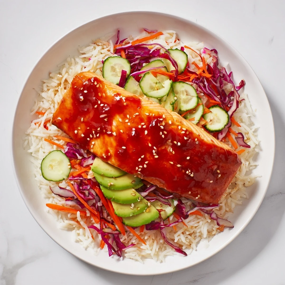 A sweet chili salmon rice bowl, showcasing glazed salmon with colorful, fresh vegetable toppings.