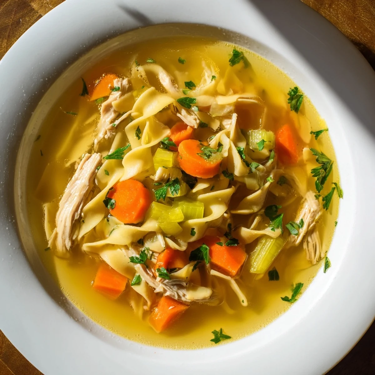 Hearty homemade chicken noodle soup, a classic comfort food filled with delicious, savory broth.
