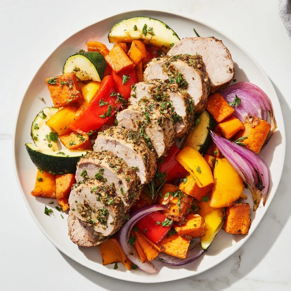 Juicy roasted garlic pork tenderloin alongside colorful roasted bell peppers and zucchini, ready to serve.