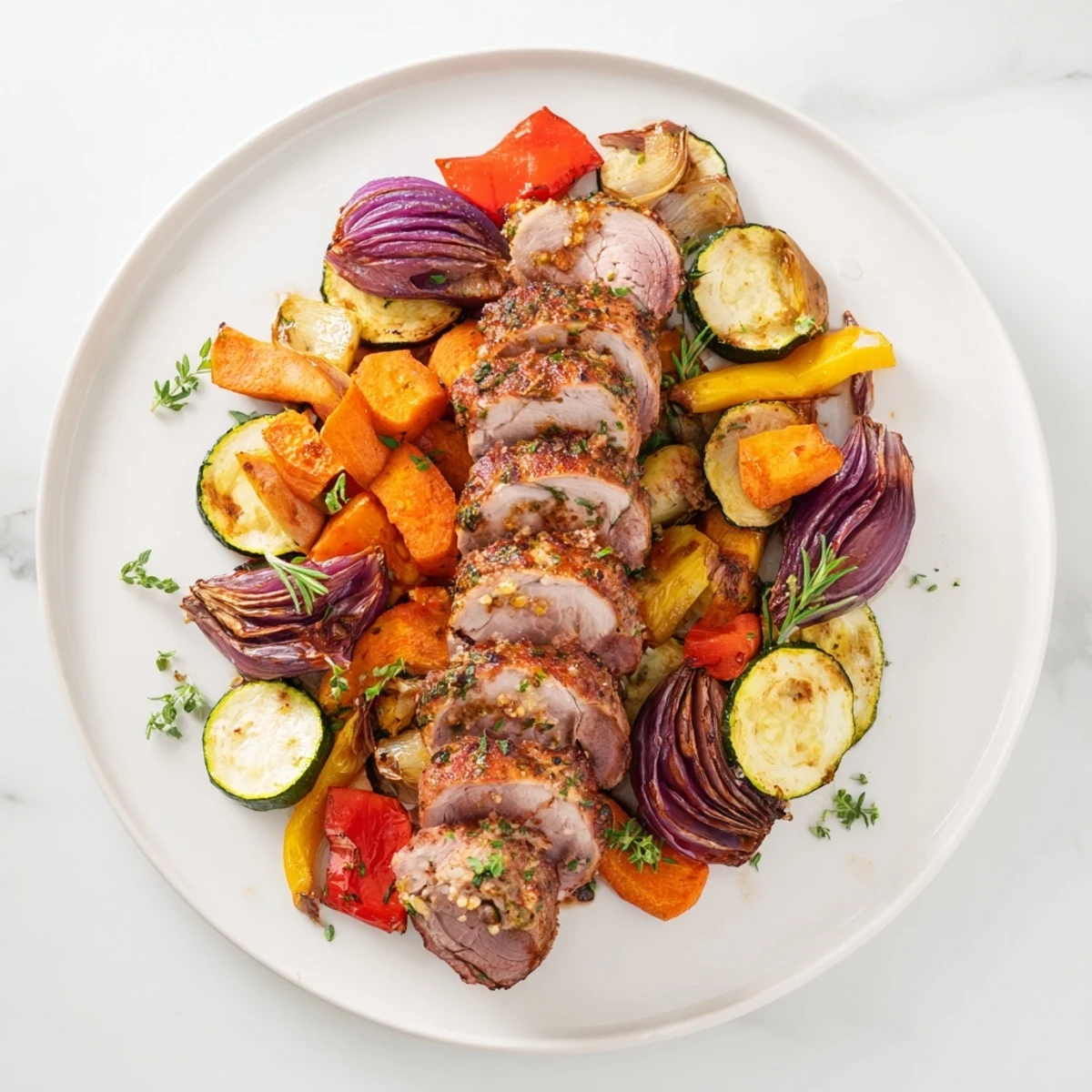 Savory pork tenderloin with garlic, surrounded by roasted carrots and onions, a perfect family dinner.