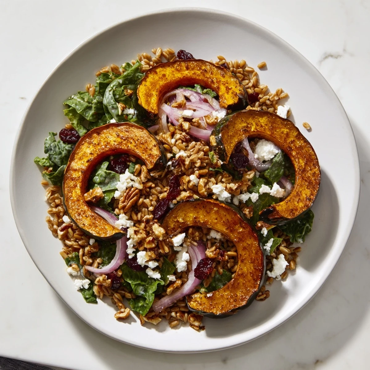 Golden maple roasted acorn squash crowns this fresh farro and mustard green salad.