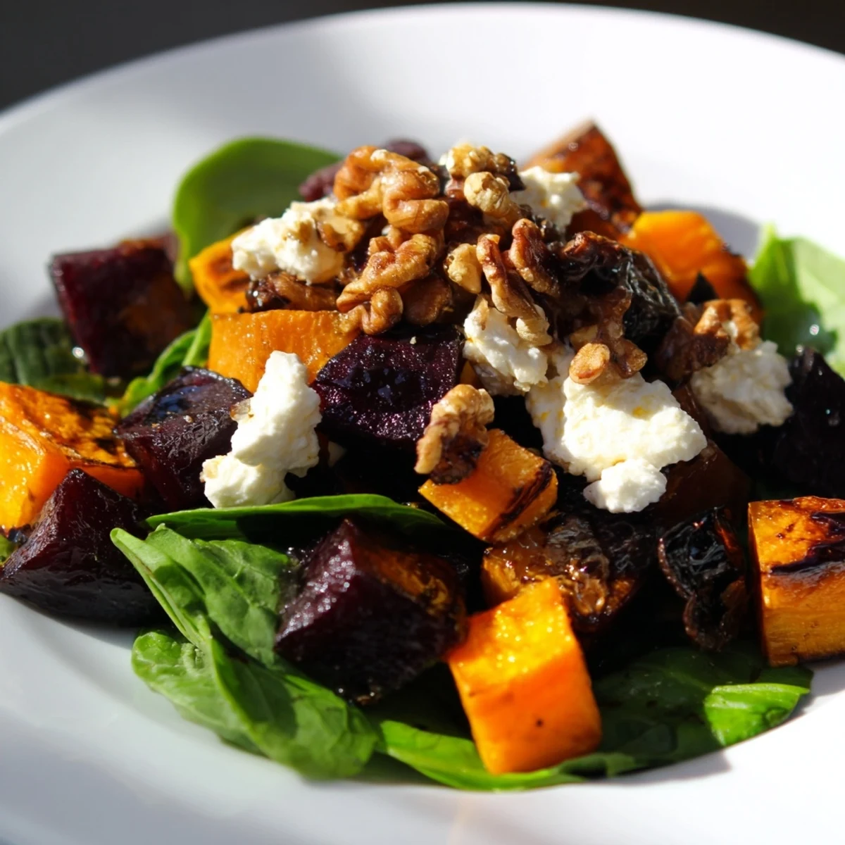 Roasted Beet, Butternut & Spinach Salad, brightly colored, topped with creamy goat cheese and walnuts.