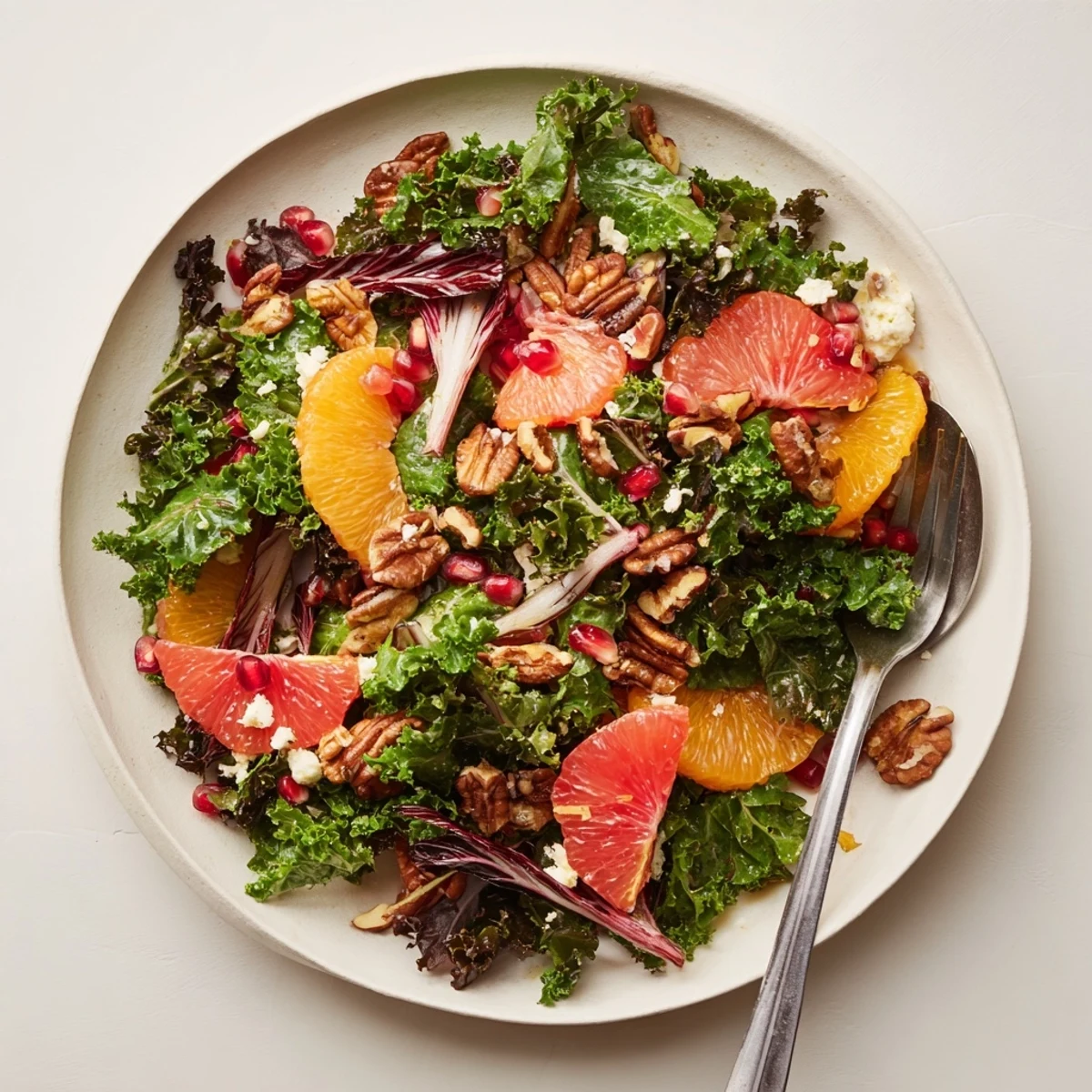 Bright, flavorful Winter Greens Salad features juicy orange segments with crunchy toasted nuts adding texture.