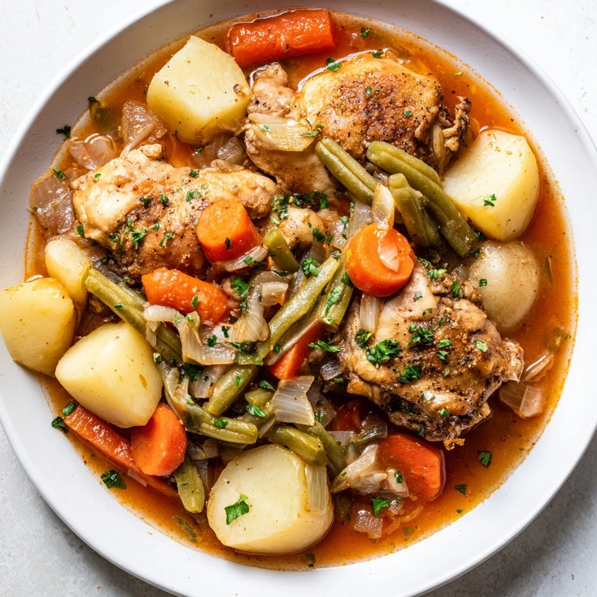 A steaming bowl of Slow-Cooker Chicken & Vegetable Stew, bursting with rich flavors and hearty vegetables.
