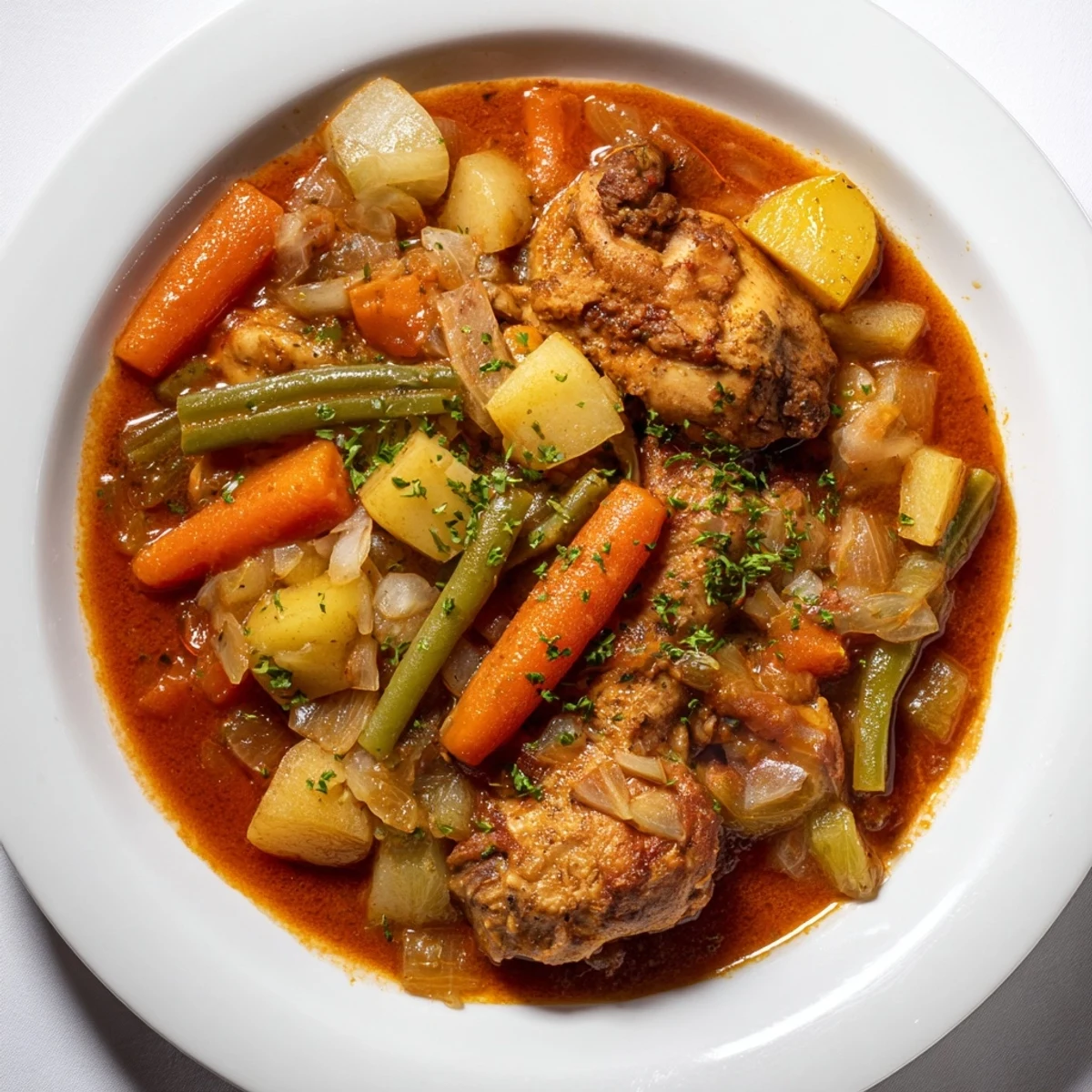 Tender chicken and colorful vegetables simmer in the slow cooker for this comforting Slow-Cooker Chicken Stew.