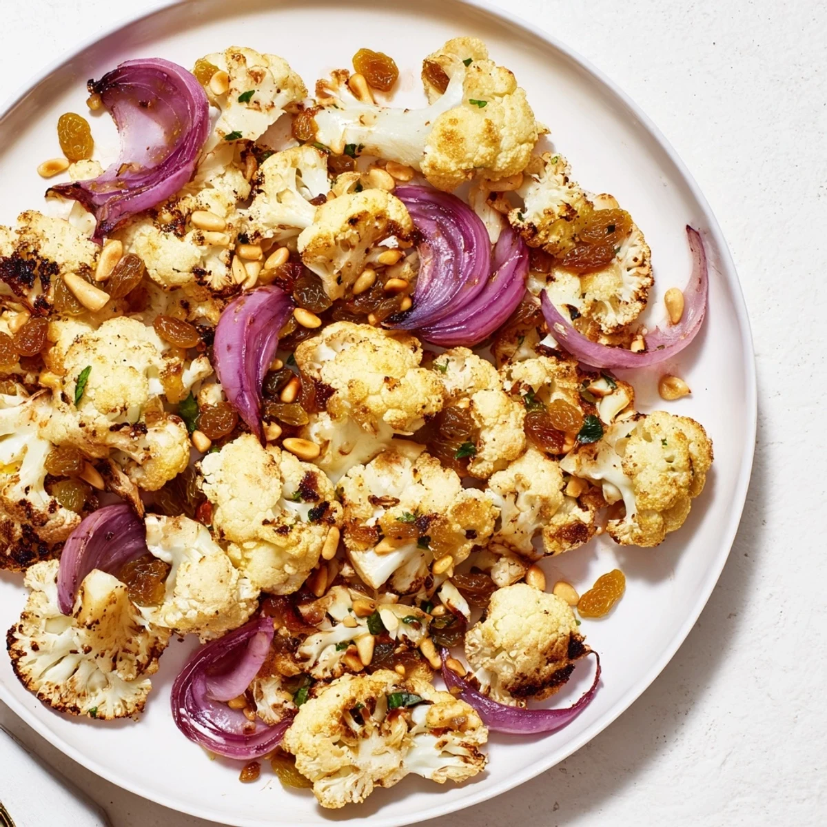 Warm roasted cauliflower and lemon pine-nut dressing salad, topped with toasted nuts and golden raisins.