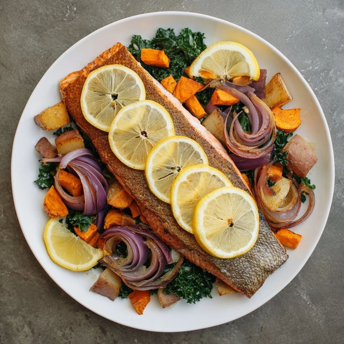 Freshly baked sheet-pan salmon, bursting with flavor, served alongside vibrant, wilted greens.
