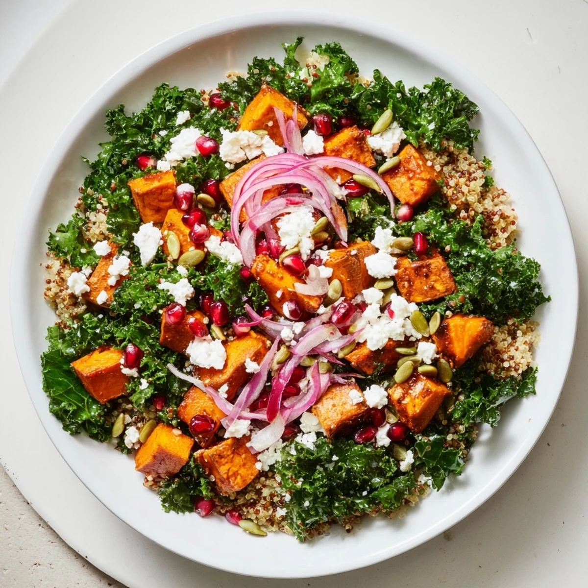 Imagine the vibrant Kale & Quinoa Salad, with golden sweet potatoes and a bright lemon dressing.