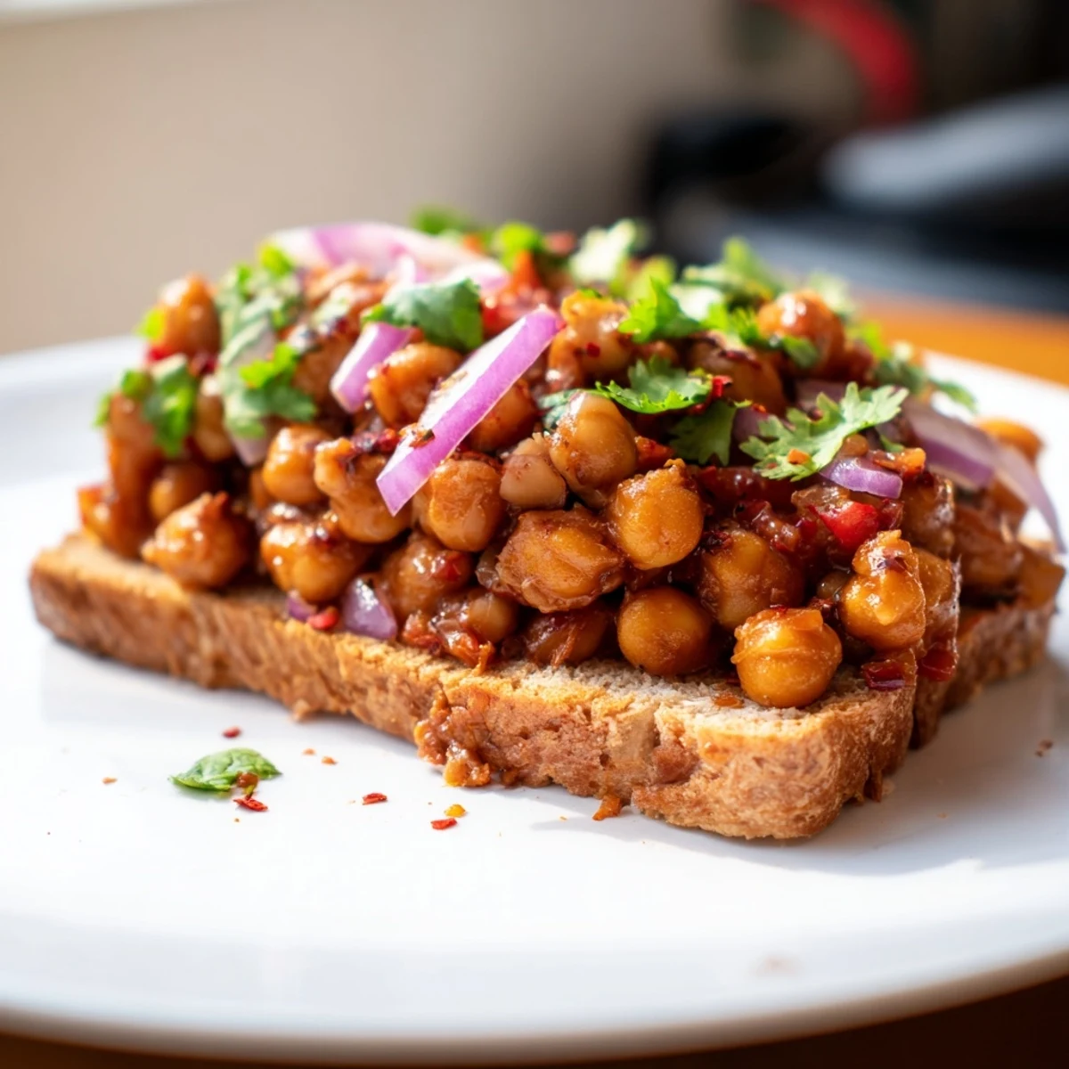 BBQ chickpeas on toast, with a vibrant red hue of cooked BBQ sauce and tender chickpeas.