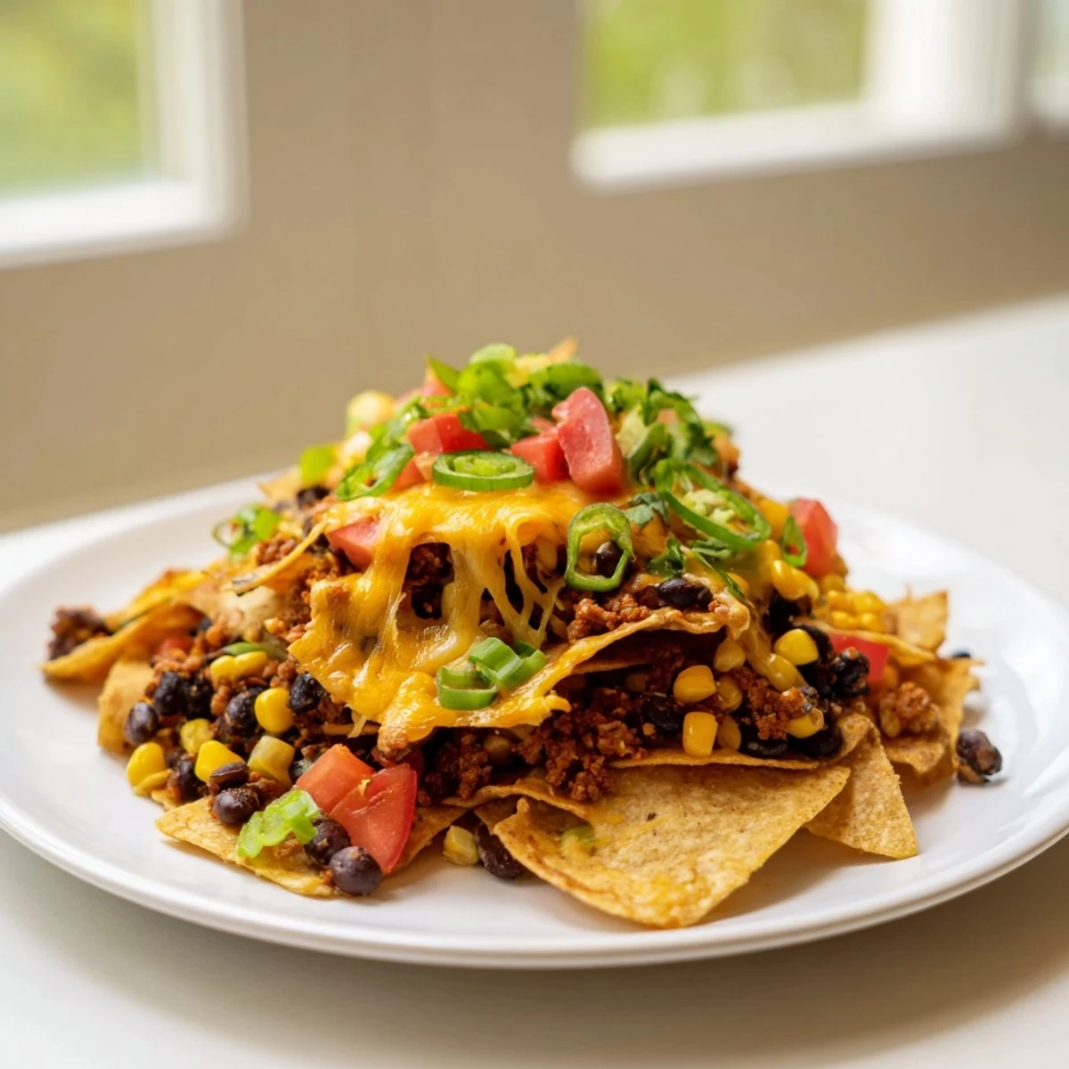 Sheet-pan nachos featuring melted cheese, colorful frozen veggies, and flavorful, seasoned beans, ready to serve.