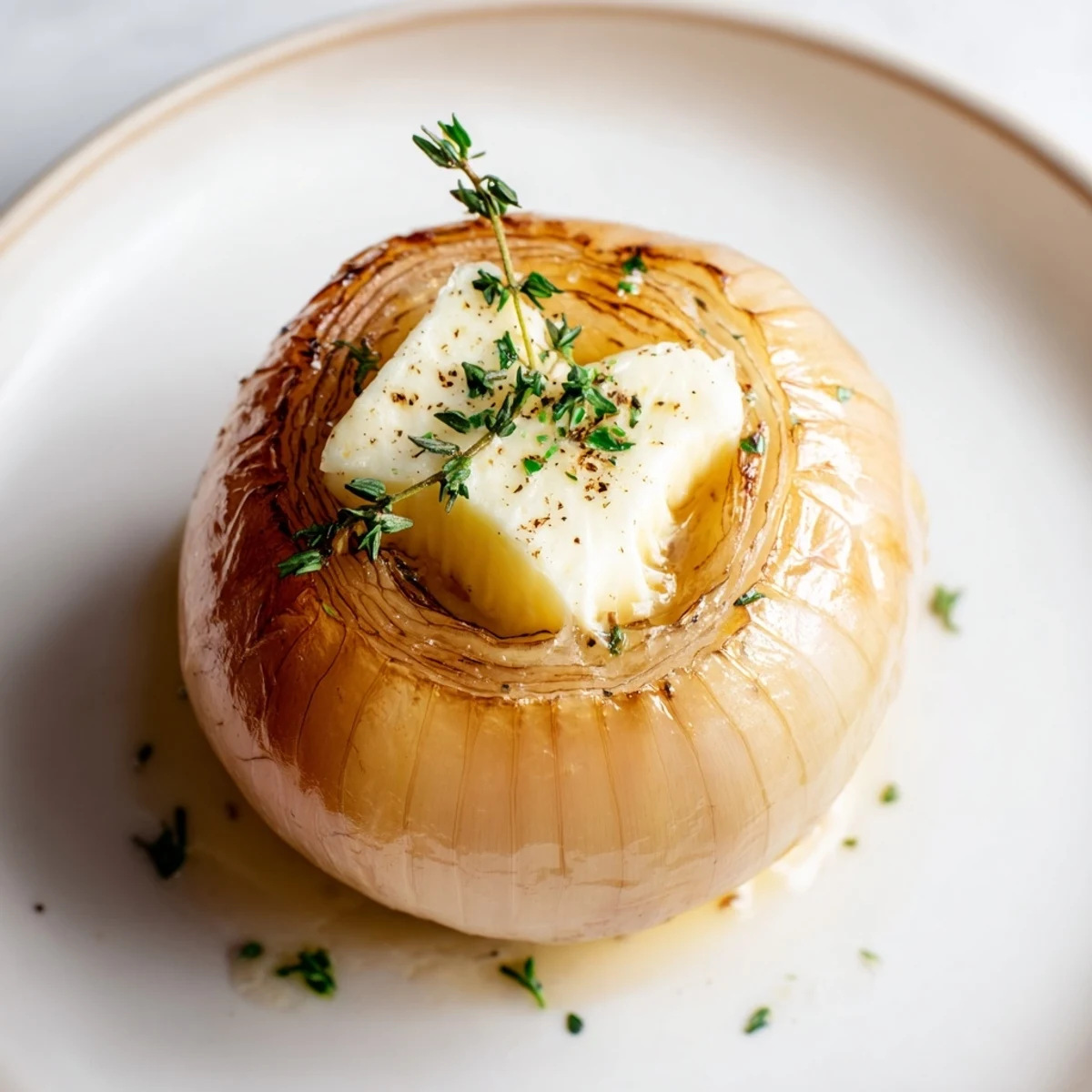 Golden-brown Onion Boil with fragrant thyme and melted butter, perfect for a cozy dinner.
