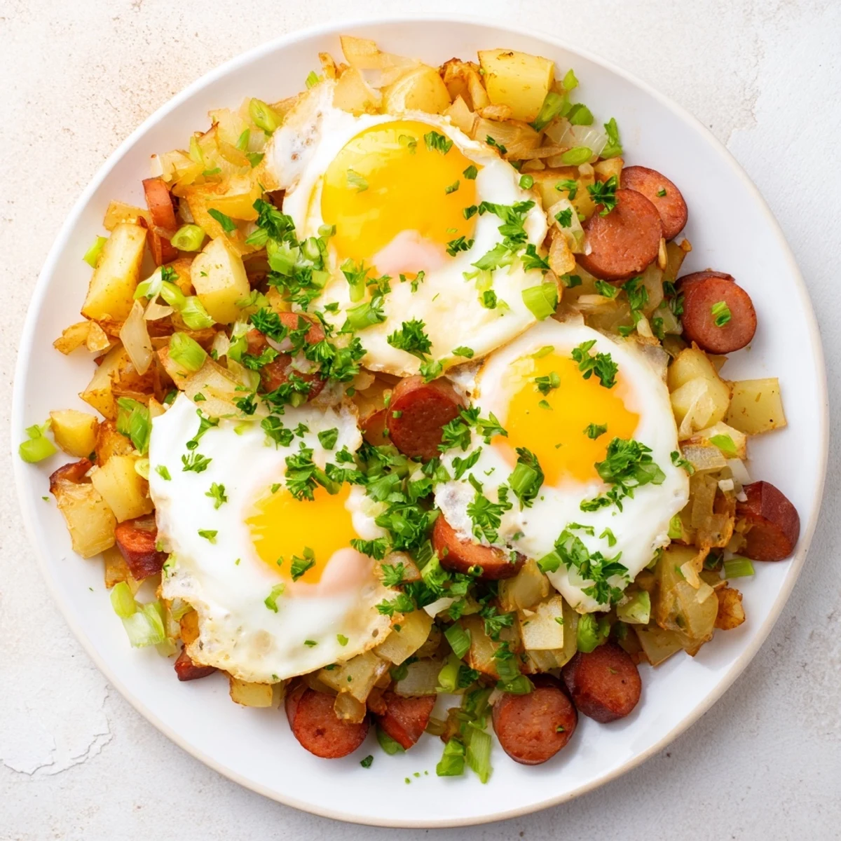 Golden-brown Egg & Potato Hash, studded with hot dog slices and topped with a runny egg yolk.