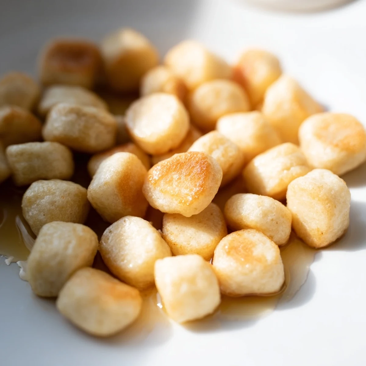 Fluffy golden pancake cereal, tiny breakfast bites served in a bowl, perfect with milk and syrup.