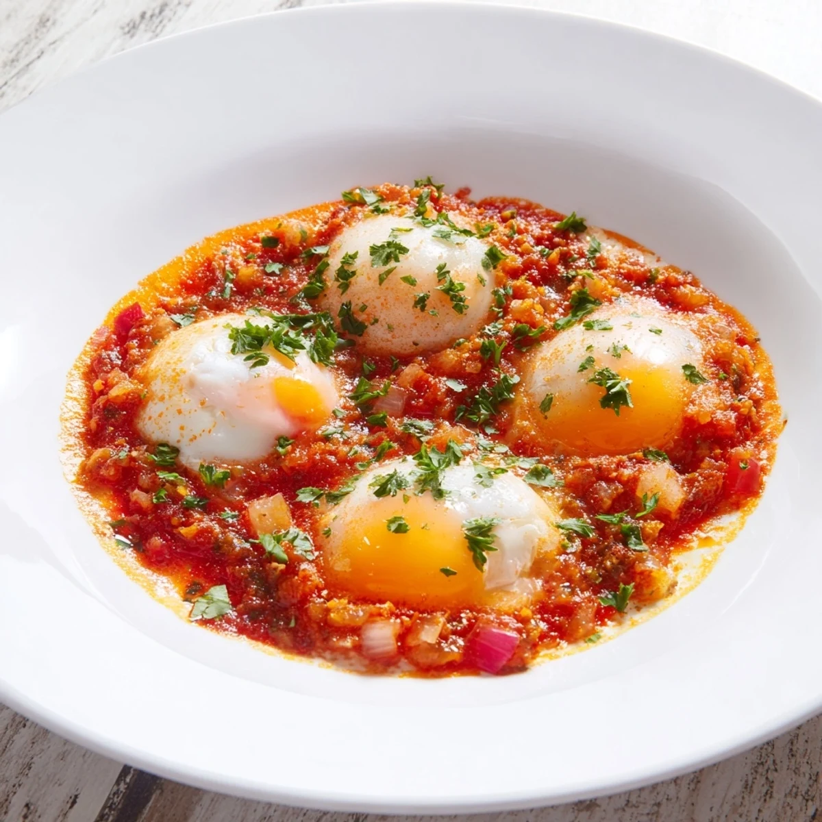 Golden-yolked Savory Baked Eggs in Tomato Sauce, a comforting and flavorful brunch dish recipe.